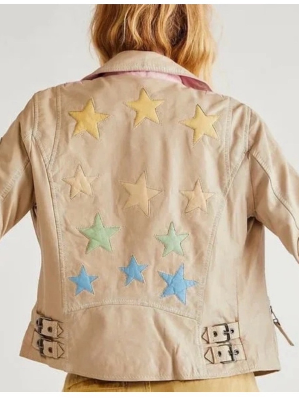 Beige Leather Jacket with Pastel Star Appliqués